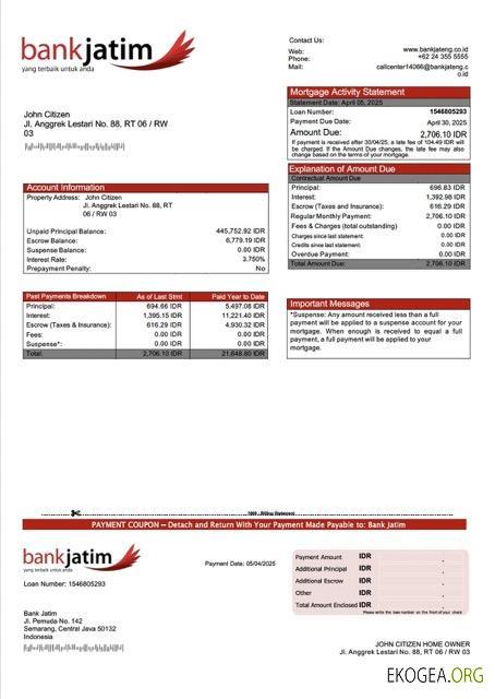 Modèle Word et PDF de relevé hypothécaire de la Banque indonésienne Jatim